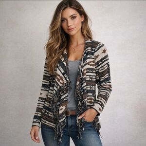 Me Jane Aztec Fringe Cardigan Open Front Boho Western Southwestern Wrap Jacket